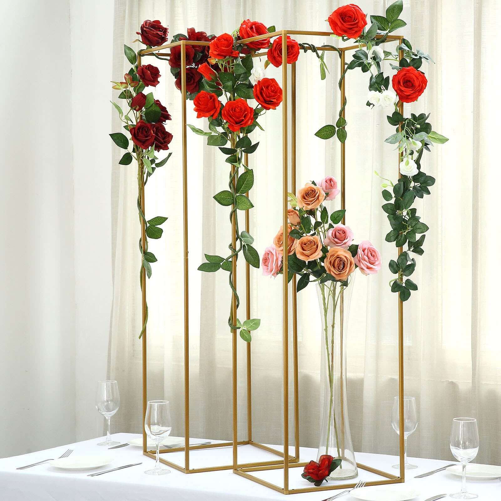 2-Pack Wedding Flower Stand Gold Metal Geometric Column Frame Rectangular - Versatile Floral Pedestal for Upscale Arrangements 48"