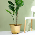 14" Gold Shiny Finished Rim Large Barrel Planter Pot, Indoor Outdoor Decorative Flower Pot