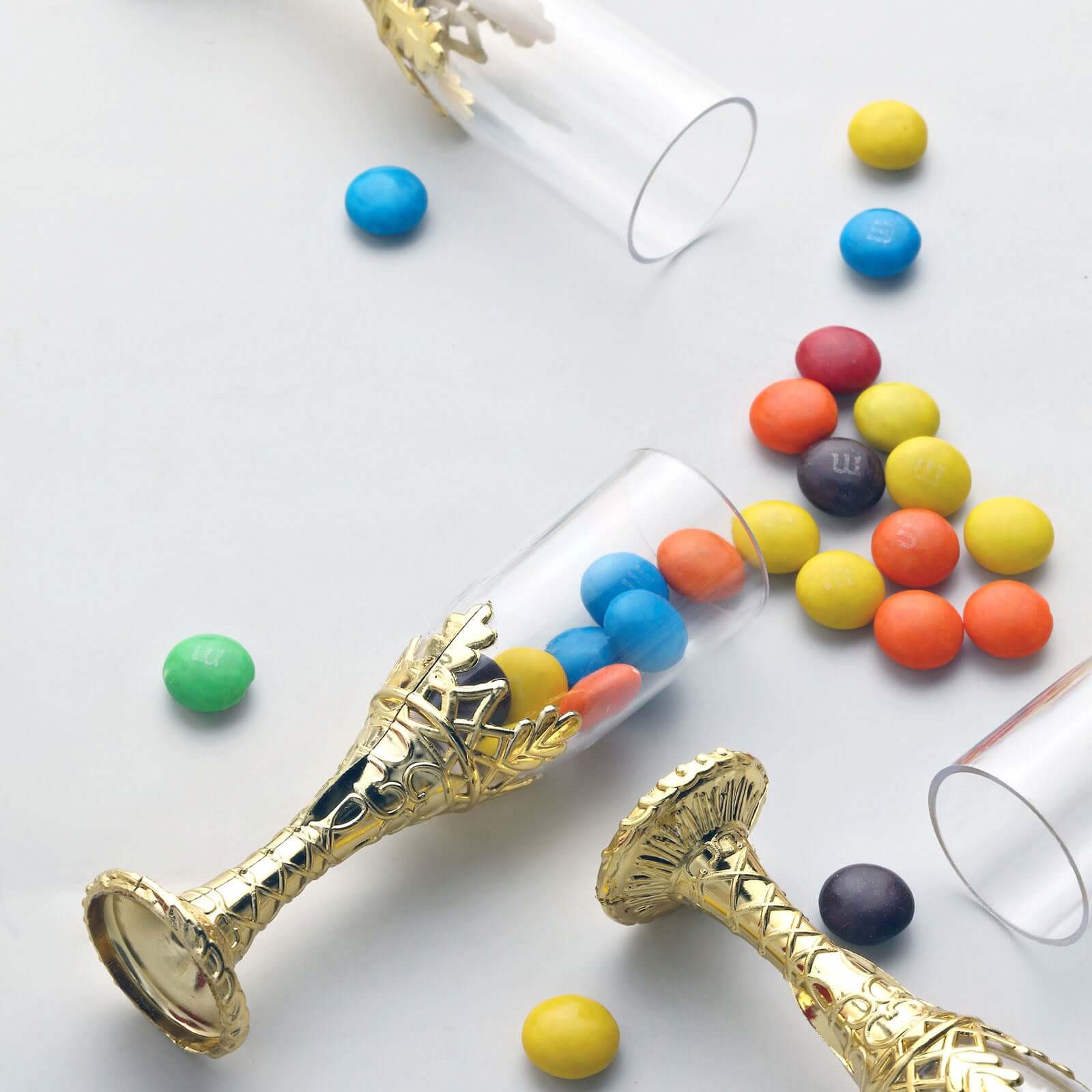 12-Pack Plastic Fillable Mini Candy Container in Champagne Bottle Style Clear Gold - Candy Treat Favor Boxes 4"