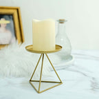 2-Pack Pillar Candle Holders Gold Metal Geometric Triangle Base Design - Decorative Centerpiece 5"