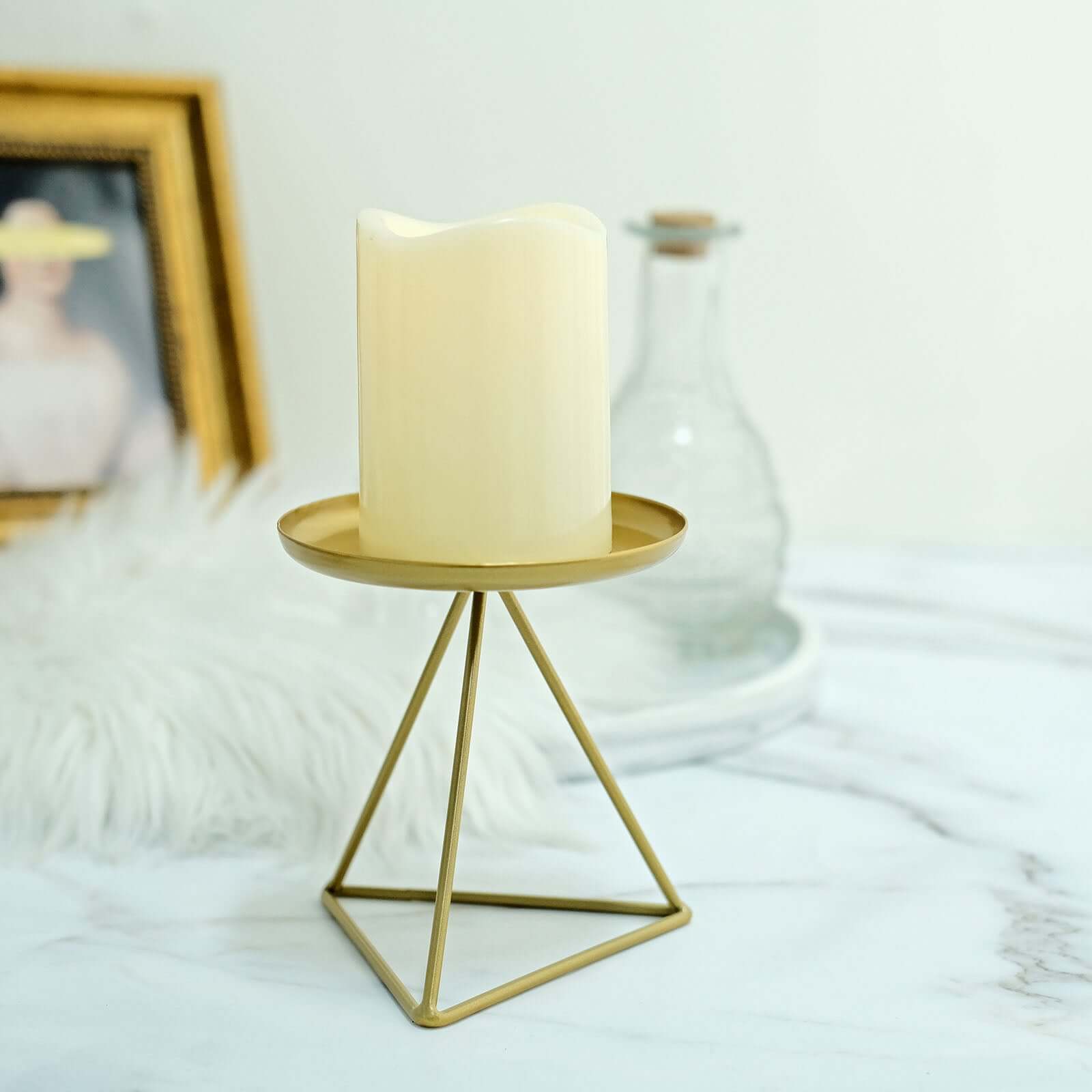 2-Pack Pillar Candle Holders Gold Metal Geometric Triangle Base Design - Decorative Centerpiece 5"