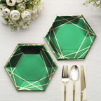 25-Pack Paper 7" Hexagon Dessert Plates in Hunter Emerald Green with Gold Geometric Lines & Rim - Stylish Disposable Geometric 300GSM Appetizer Salad Plates