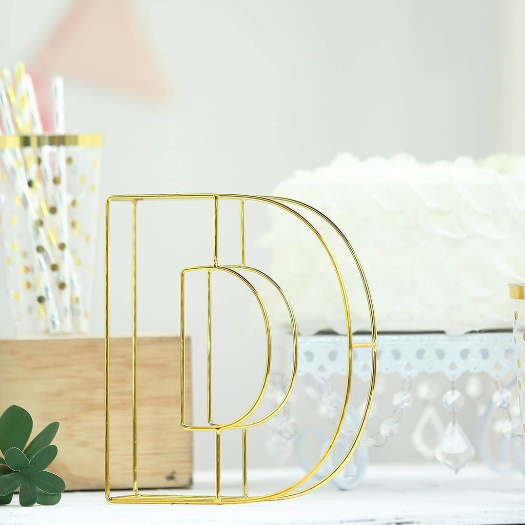 8" Tall Gold Freestanding 3D Decorative Wire Letter, Wedding Centerpiece - D