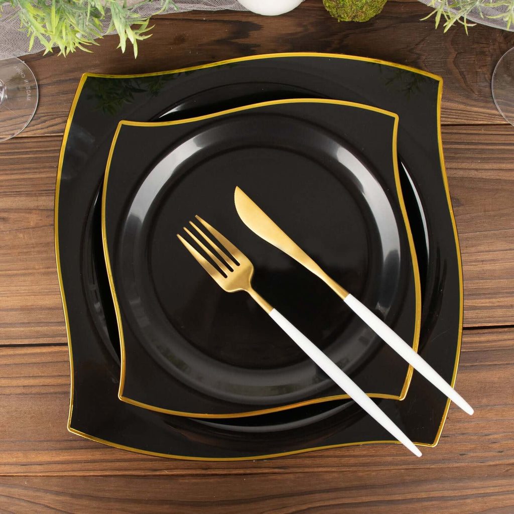 10-Pack Plastic 10" Square Dinner Plates in Black with Gold Wavy Rim Modern - Disposable Party Plates