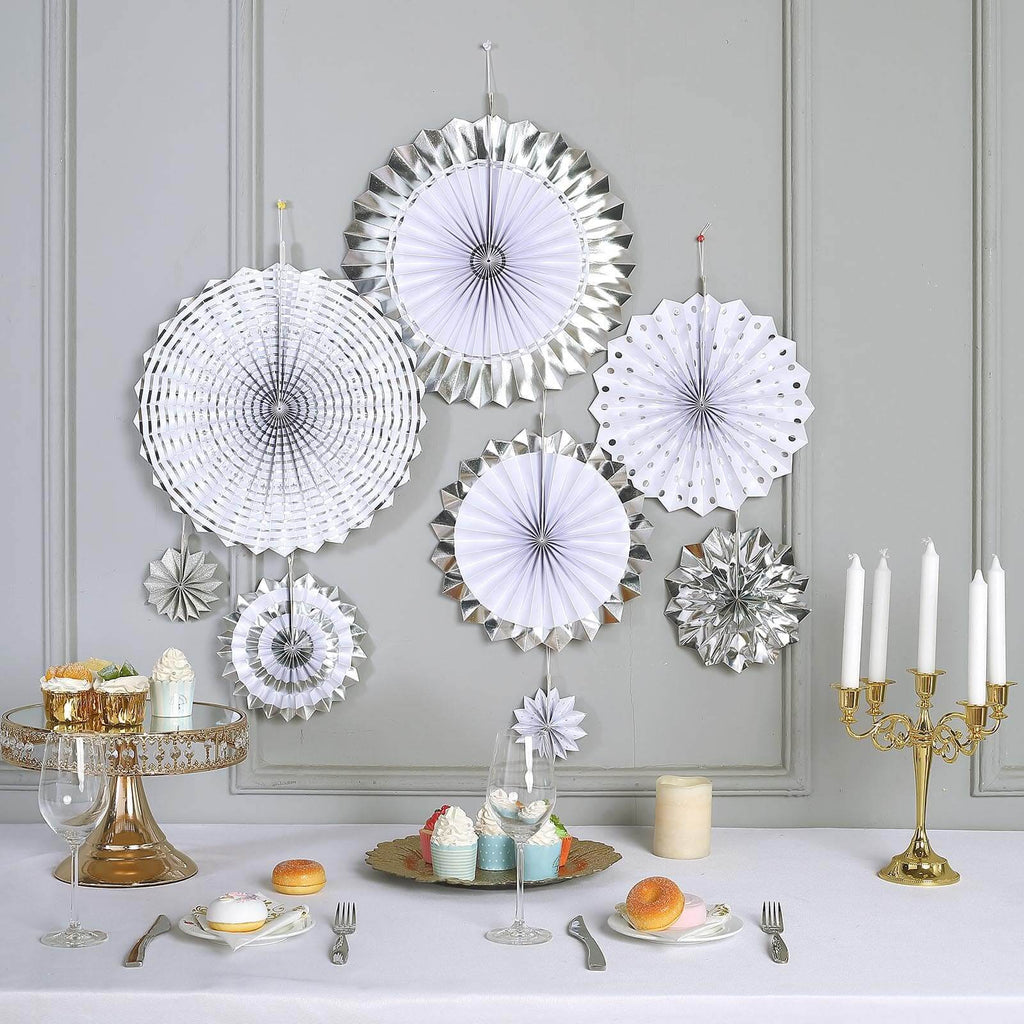 Set of 8 Silver White Hanging Paper Fan Decorations, Pinwheel Wall Backdrop Party Kit - 4", 8", 12", 16"