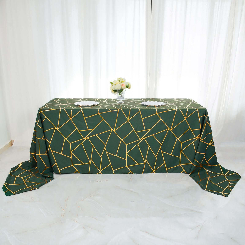 Polyester 90"x132" Rectangle Tablecloth Hunter Emerald Green with Gold Foil Geometric Pattern - Wrinkle-Resistant Seamless Table Cover