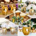 2-Pack Glass Hurricane Vases Bell Shaped Crackle Gold Curvy Design - Decorative Candle Holder Centerpieces 6"