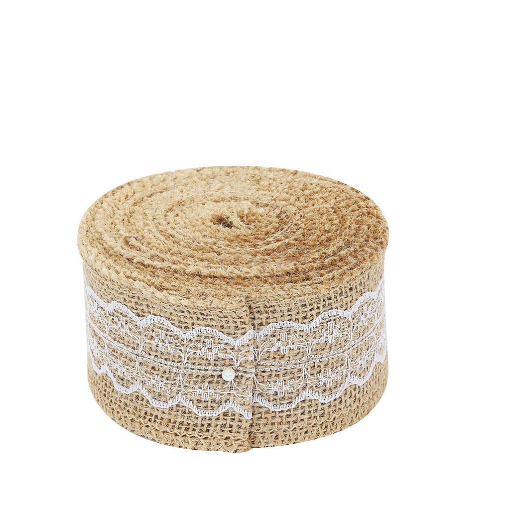 2" x 16FT Natural Jute Burlap Ribbon With Wavy Lace
