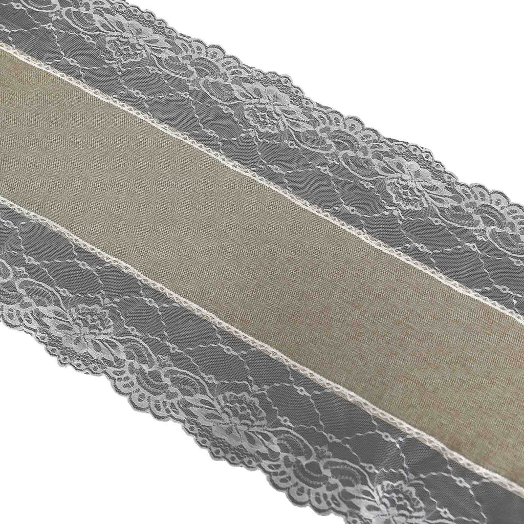 Faux Burlap Jute 16"x108" Table Runner Taupe With White Lace Edging - Rustic Farmhouse Table Linen