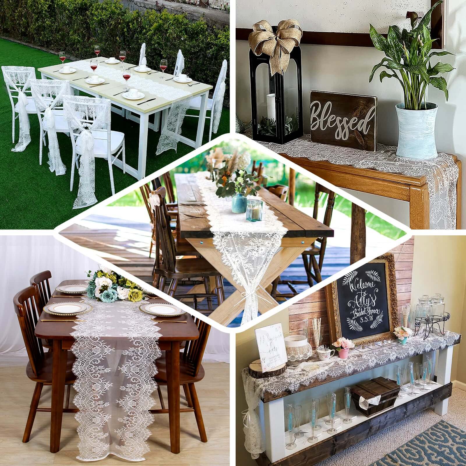 Premium Lace Fabric 15"x117" Table Runner White with Scalloped Frill Edges - Vintage Classic Table Decor