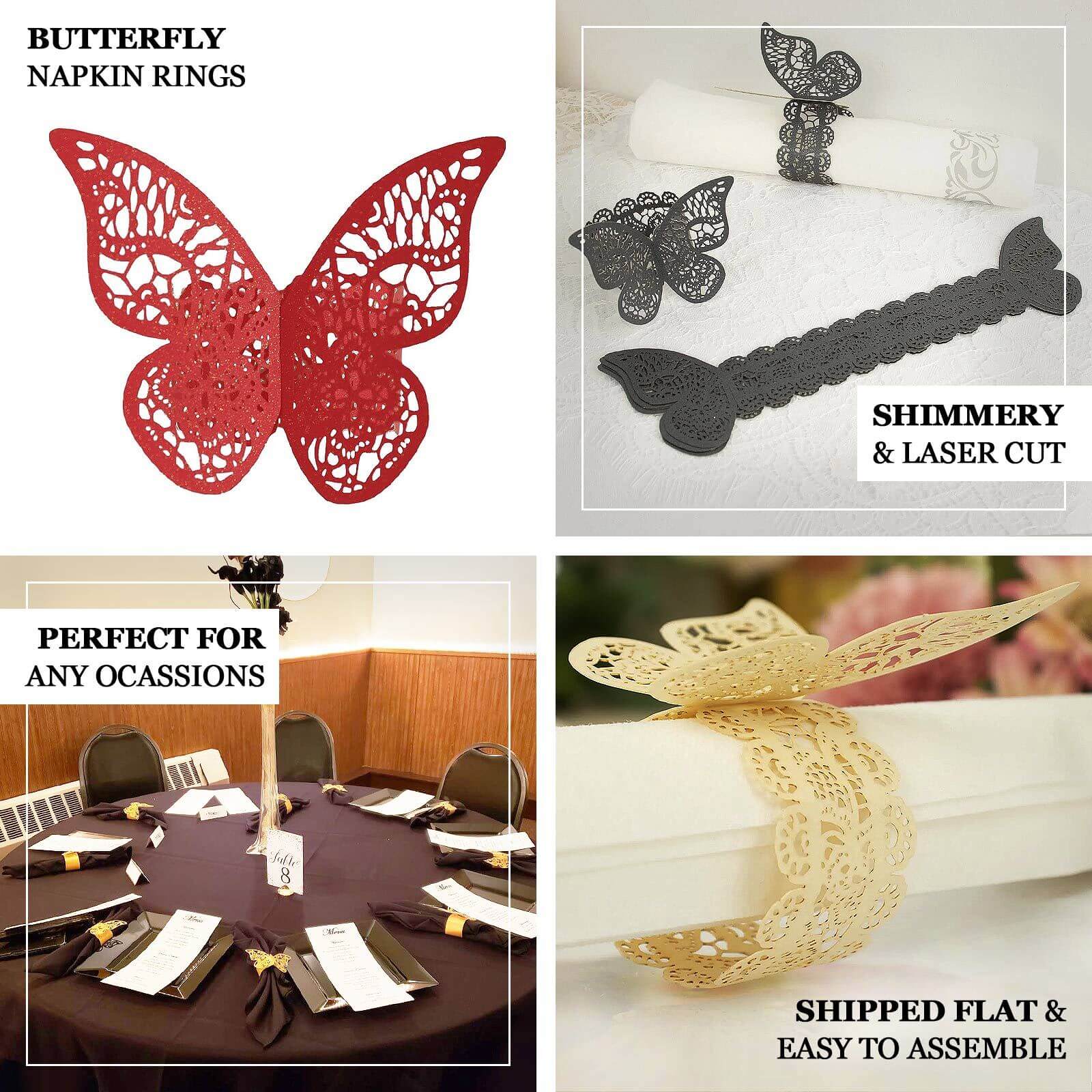12-Pack Paper Napkin Rings Laser Cut Butterfly Metallic Rose Gold - Decorative Serviette Holders