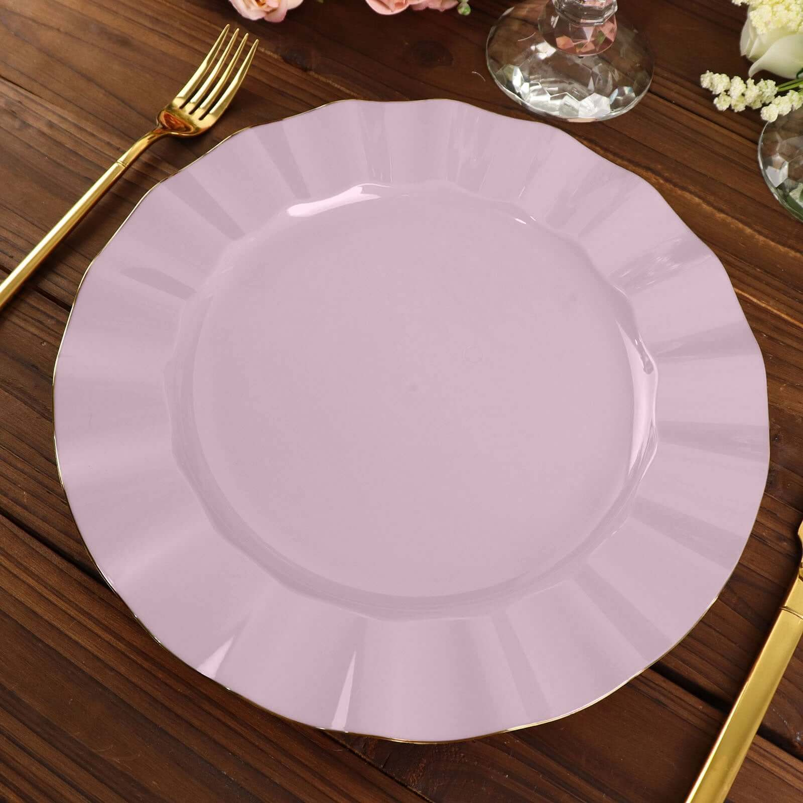 10-Pack Plastic 11" Round Dinner Plates in Lavender Lilac Ruffled Rim with Gold Edging - Sturdy Disposable Dinnerware