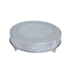 Metal 22" Round Cake Pedestal Stand Matte Silver - Cupcake Dessert Display Riser with Intricate Embossed Design for Upscale Events & Gatherings