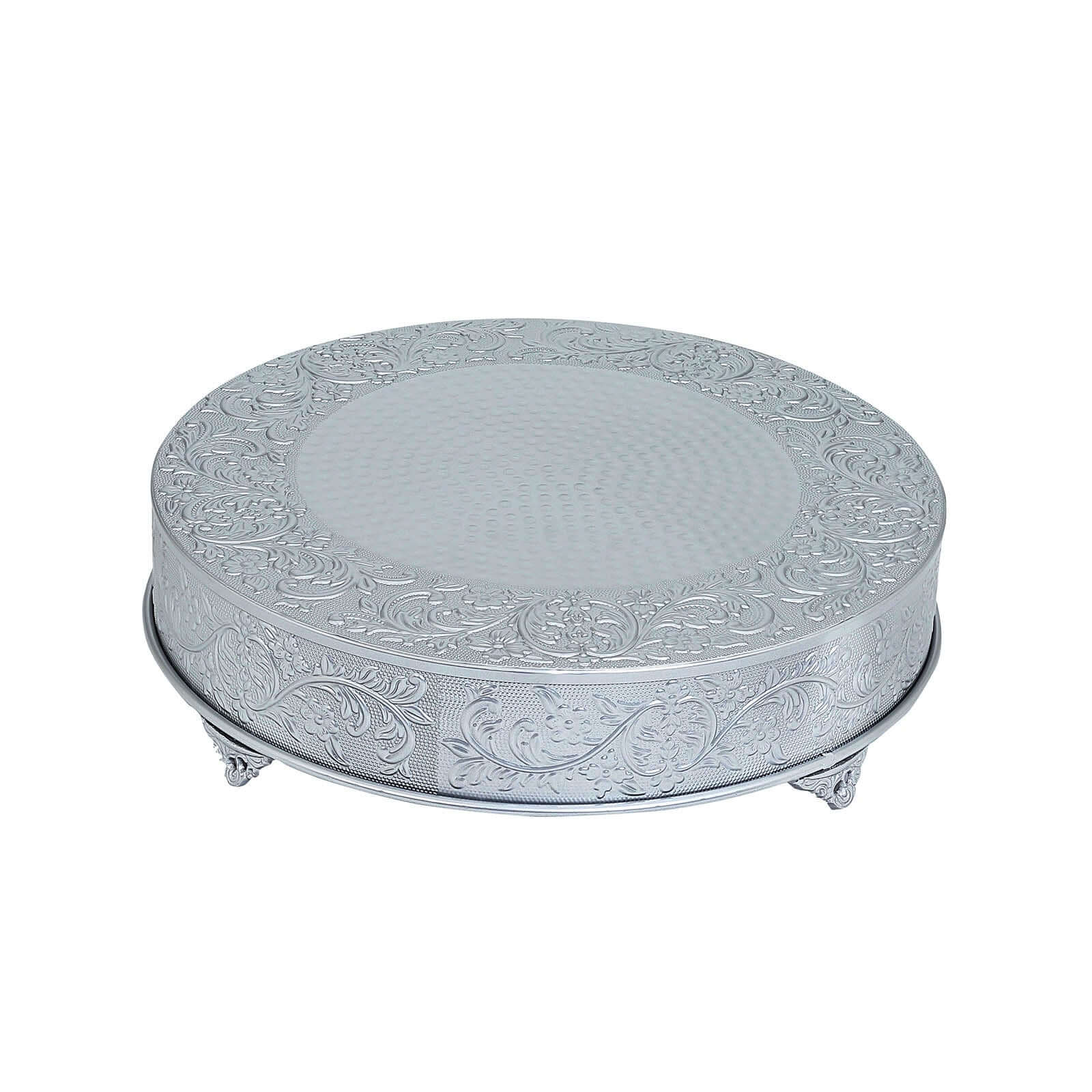 Metal 22" Round Cake Pedestal Stand Matte Silver - Cupcake Dessert Display Riser with Intricate Embossed Design for Upscale Events & Gatherings