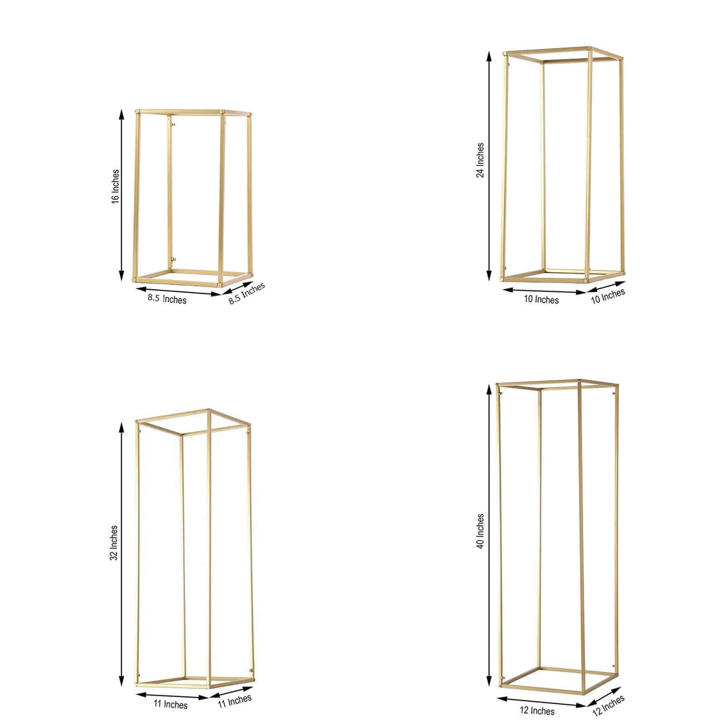 Set of 4 Metal Flower Stands Frame Wedding Column Centerpieces Matte Gold - Durable Display 16"/24"/32"/40"