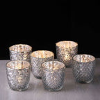 6-Pack Mercury Glass Votive Candle Holders Metallic Silver with Assorted Geometric Designs - Tealight Holders 3"