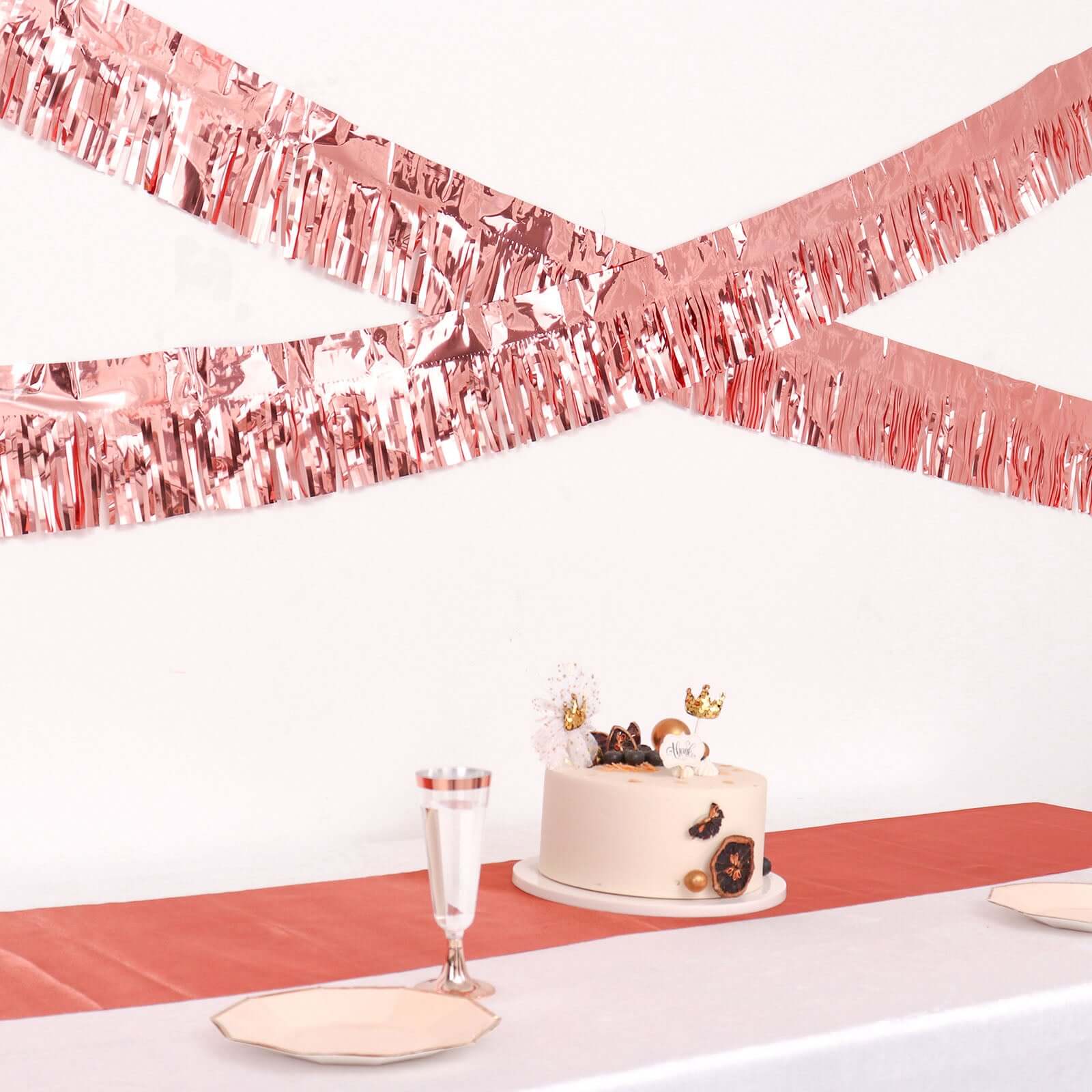16ft Metallic Rose Gold Foil Tassel Fringe Backdrop Banner, Tinsel Garland Decor