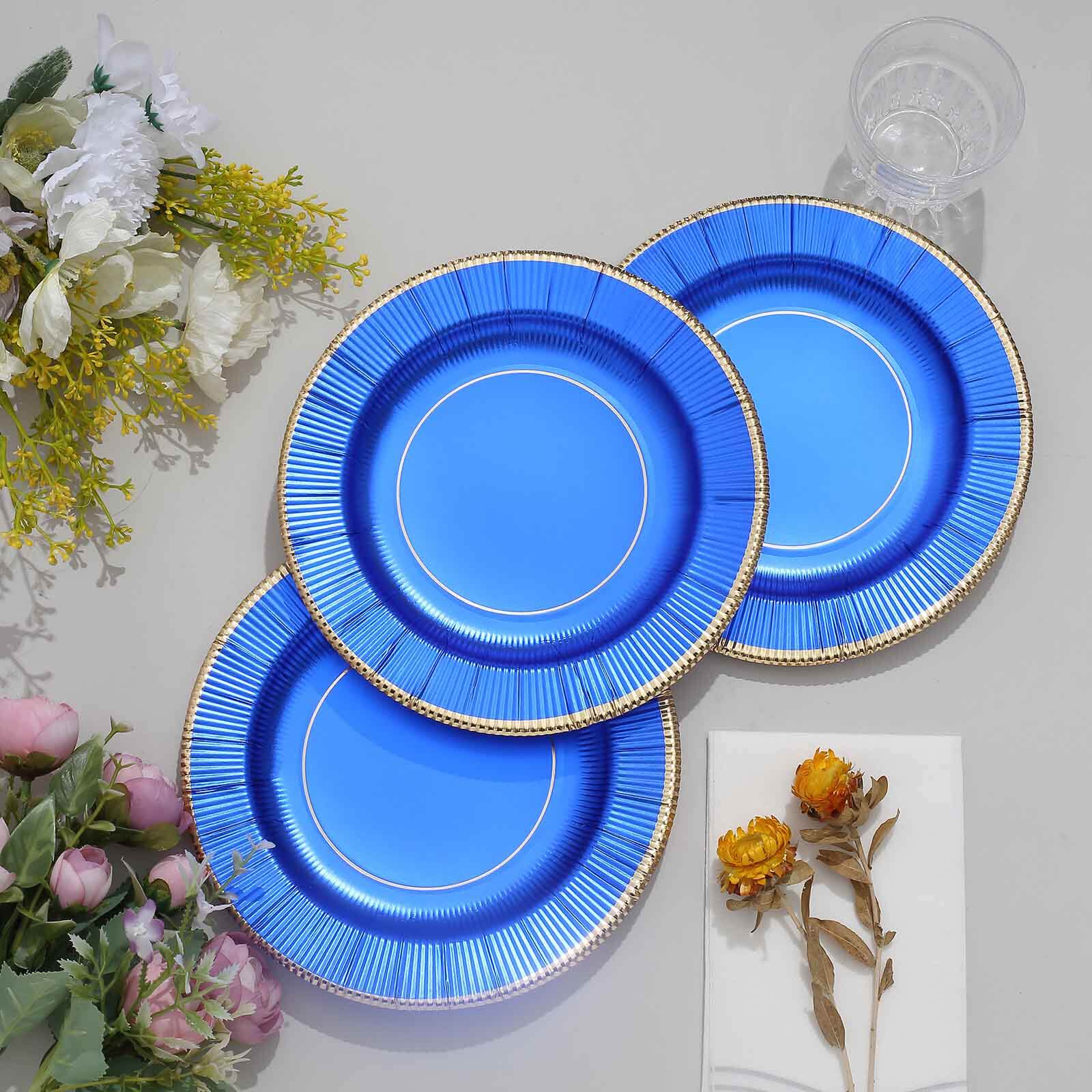 25-Pack Paper 8" Round Dessert Plates in Royal Blue Sunray Design with Gold Rim - Disposable Heavy Duty 350GSM Appetizer Salad Plates