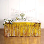 Metallic Foil Fringe Table Skirt Gold with Self Adhesive Backing - Durable Tinsel Skirt for Parties 30"x9ft