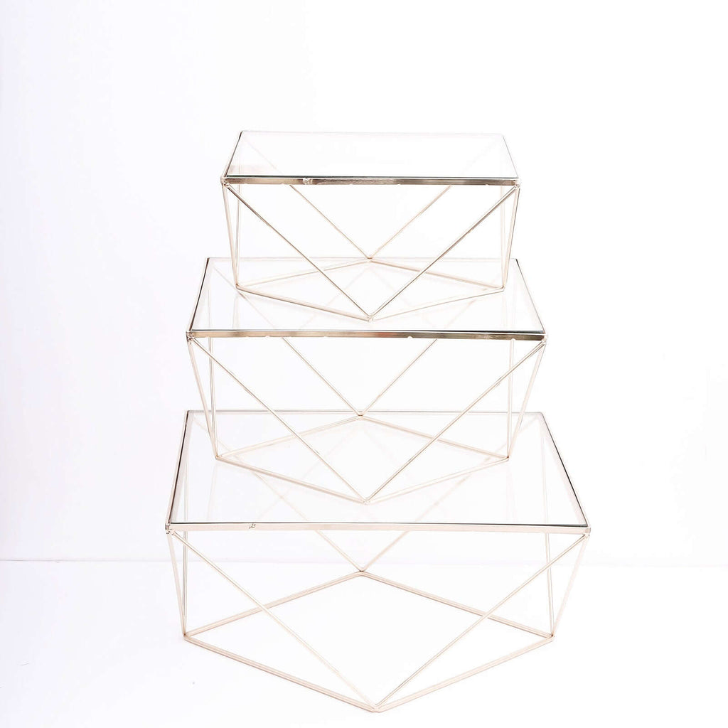 Set of 3 Metal Cake Dessert Stands Geometric Stackable Design Gold with Square Glass Top - Pedestal Display Centerpieces