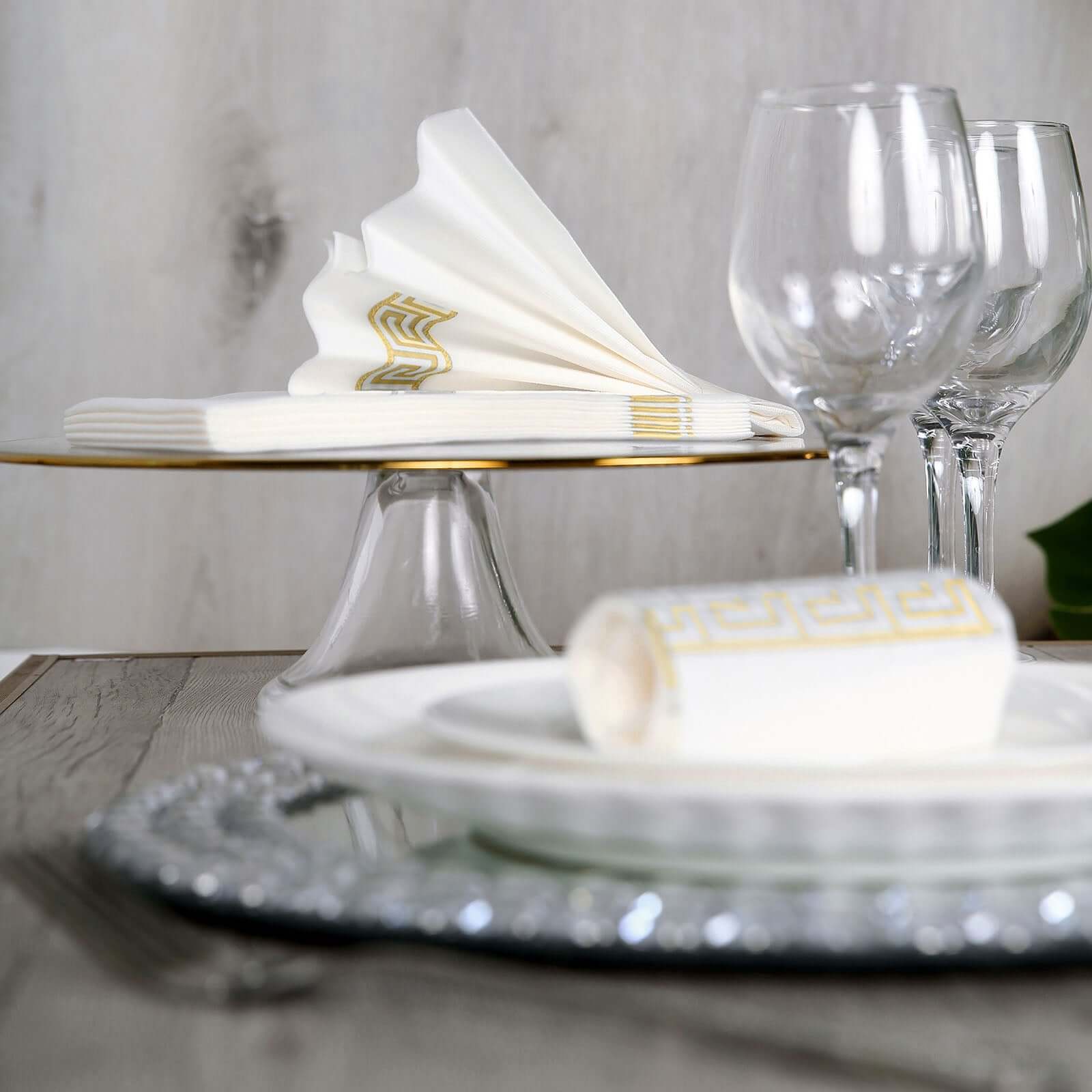 25 Pack Linen-Like Paper 8"x4" Napkins White with Gold Greek Key Design - Soft & Absorbent Airlaid Hand Towels for Exquisite Weddings & Events