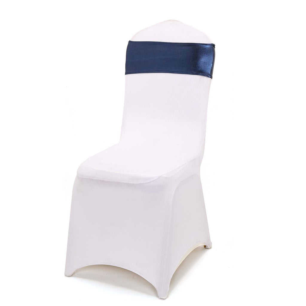 5 Pack Metallic Spandex Chair Sashes Navy Blue - Stretch Fit Chair Bands With Round Diamond Buckles
