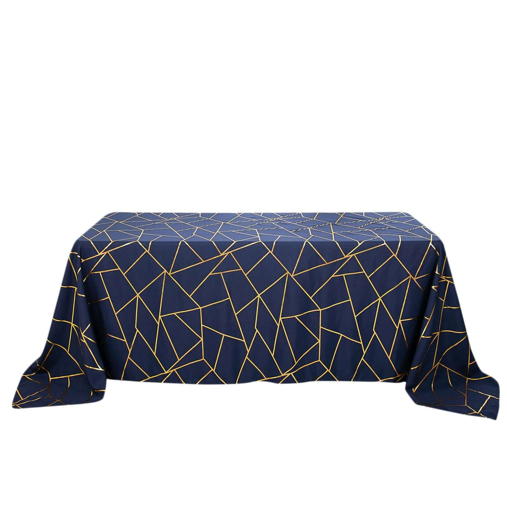 Polyester 90"x132" Rectangle Tablecloth Navy Blue with Gold Foil Geometric Pattern - Wrinkle-Resistant Seamless Table Cover