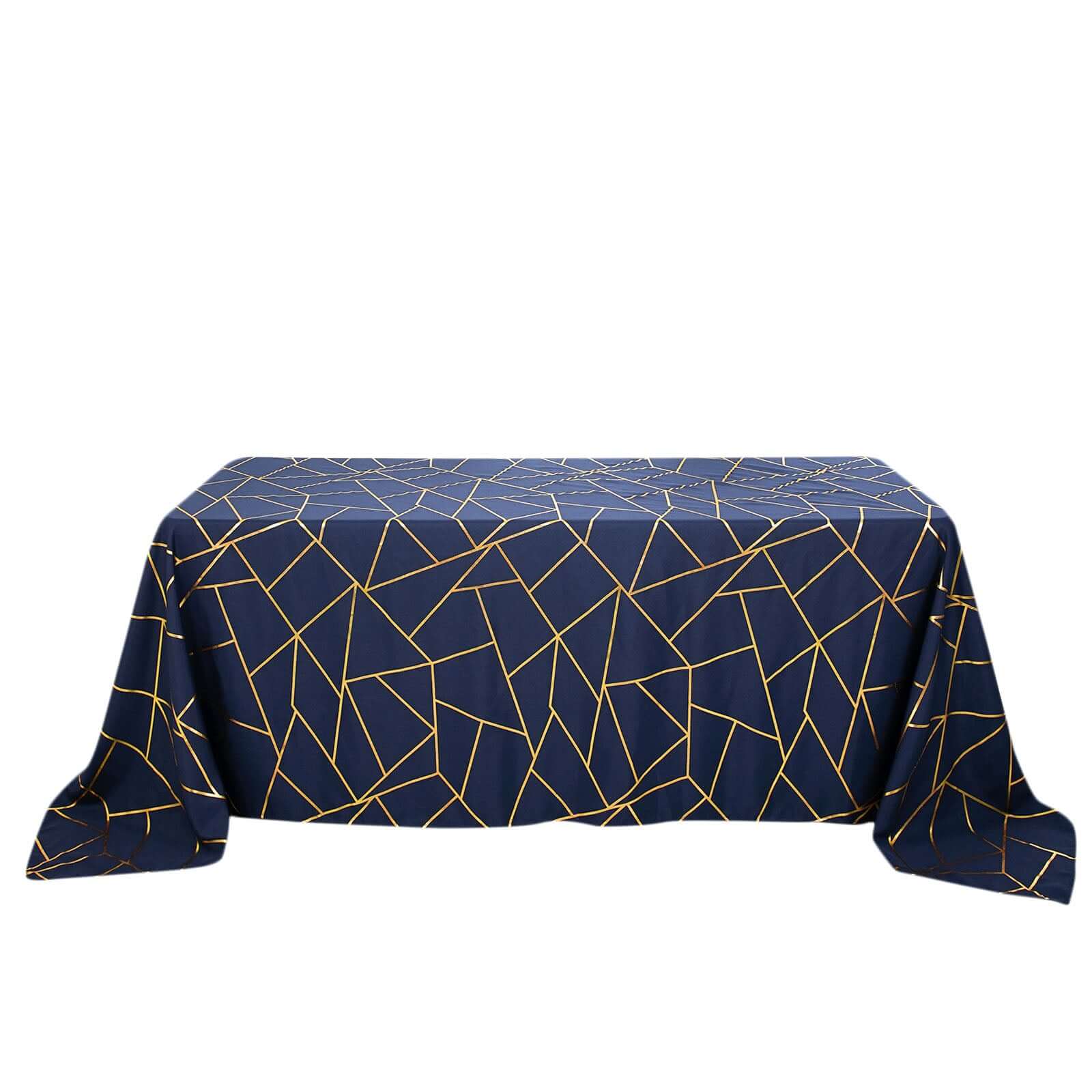 Polyester 90"x132" Rectangle Tablecloth Navy Blue with Gold Foil Geometric Pattern - Wrinkle-Resistant Seamless Table Cover