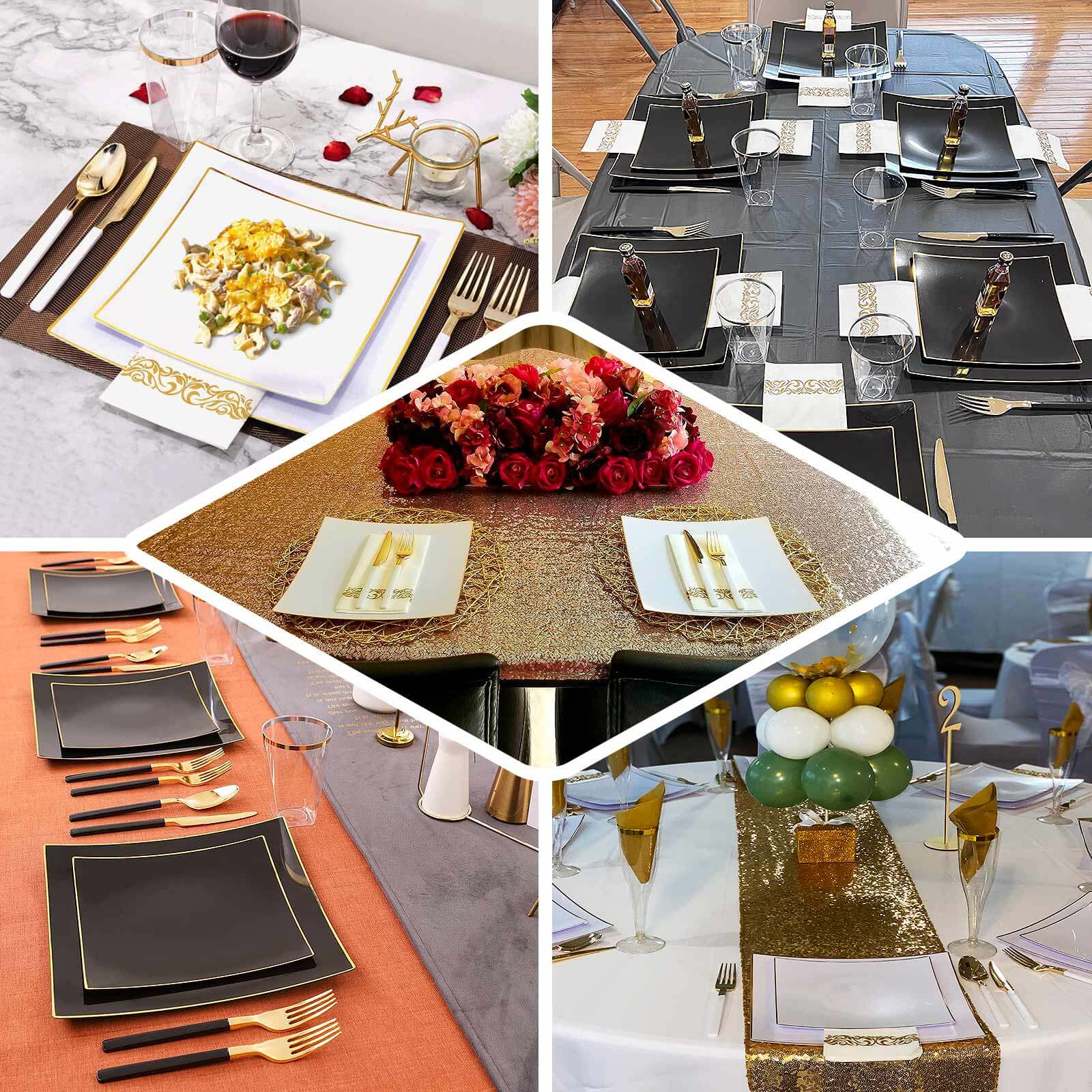 10-Pack Plastic 8" Square Dessert Plates in White Concave Style with Gold Rim - Modern Disposable Salad Appetizer Party Plates for Weddings & Special Events