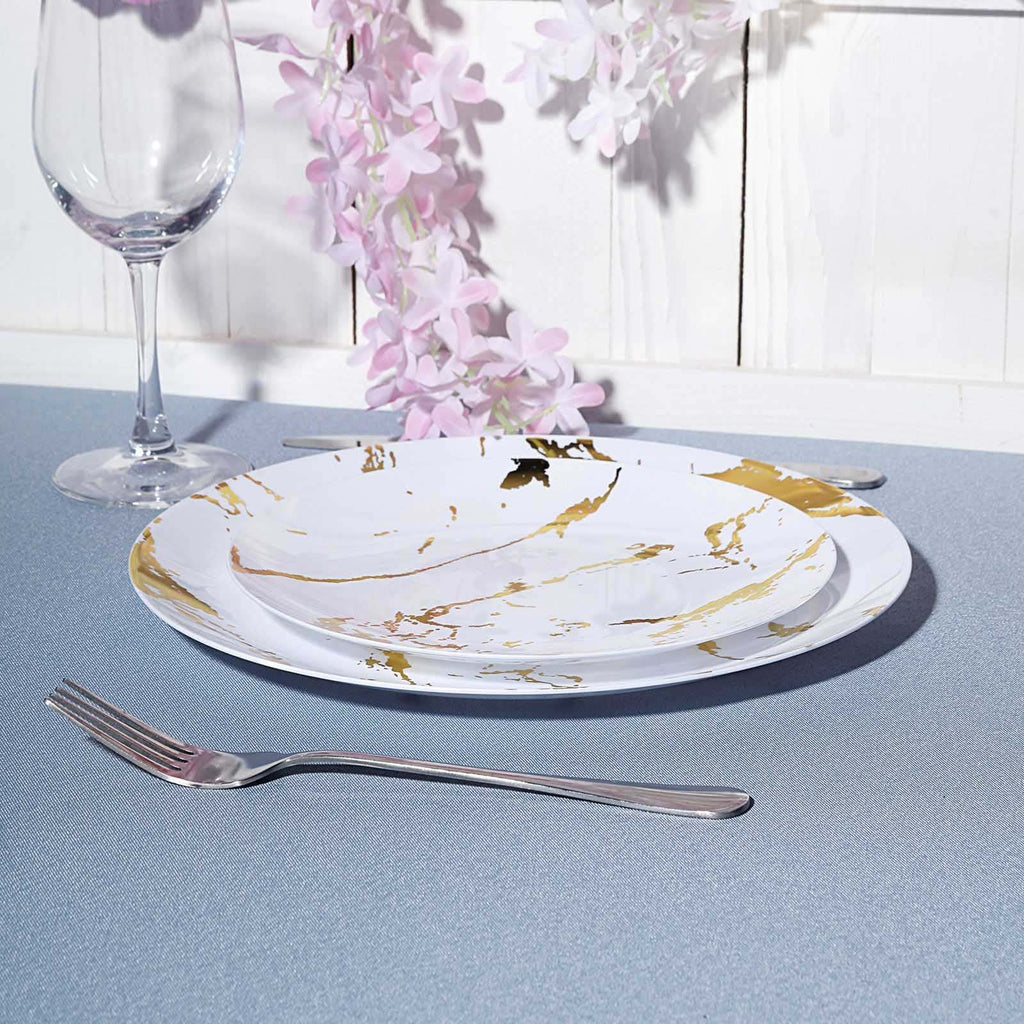 10-Pack Plastic 8" Round Dessert Plates in White with Gold Marble Print - Disposable Appetizer/Salad Plates for Chic Banquets & Special Occasions