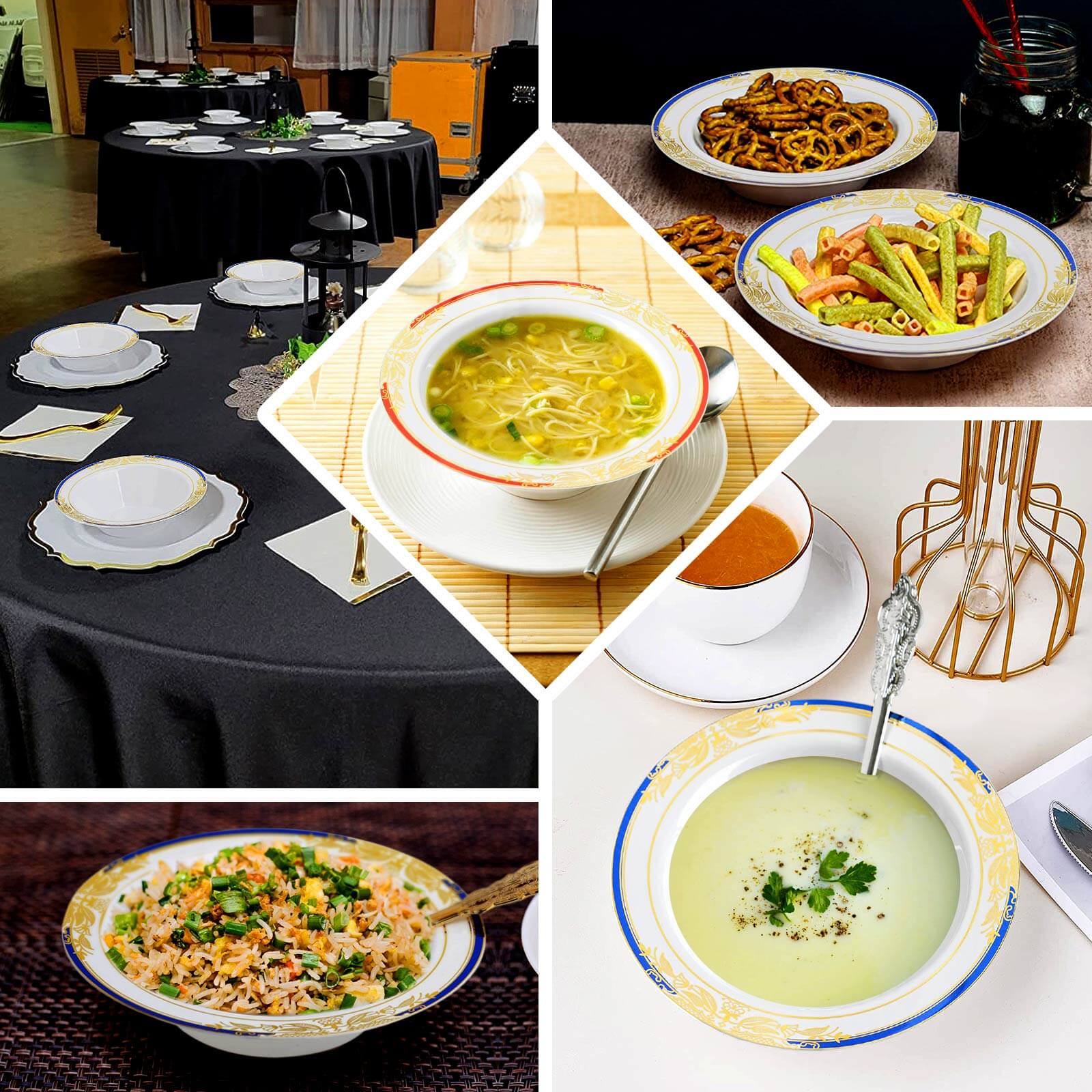 10-Pack Plastic Round Soup Bowl in White with Gold Vine & Royal Blue Rim - Sturdy Disposable Salad Dessert Bowls for Catering & Events 12oz