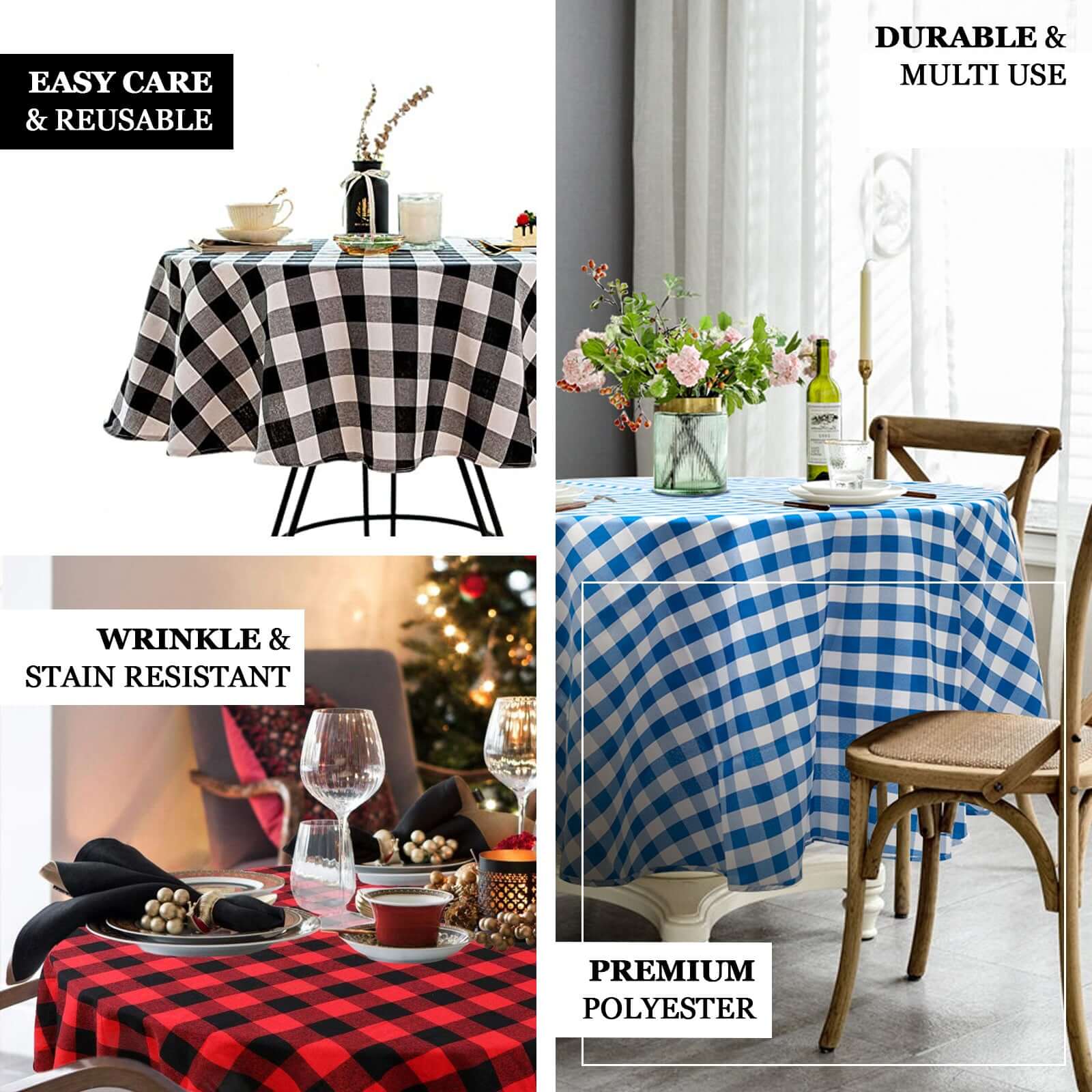Polyester 90" Round Tablecloth White/Blue - Checkered Buffalo Plaid Table Cover