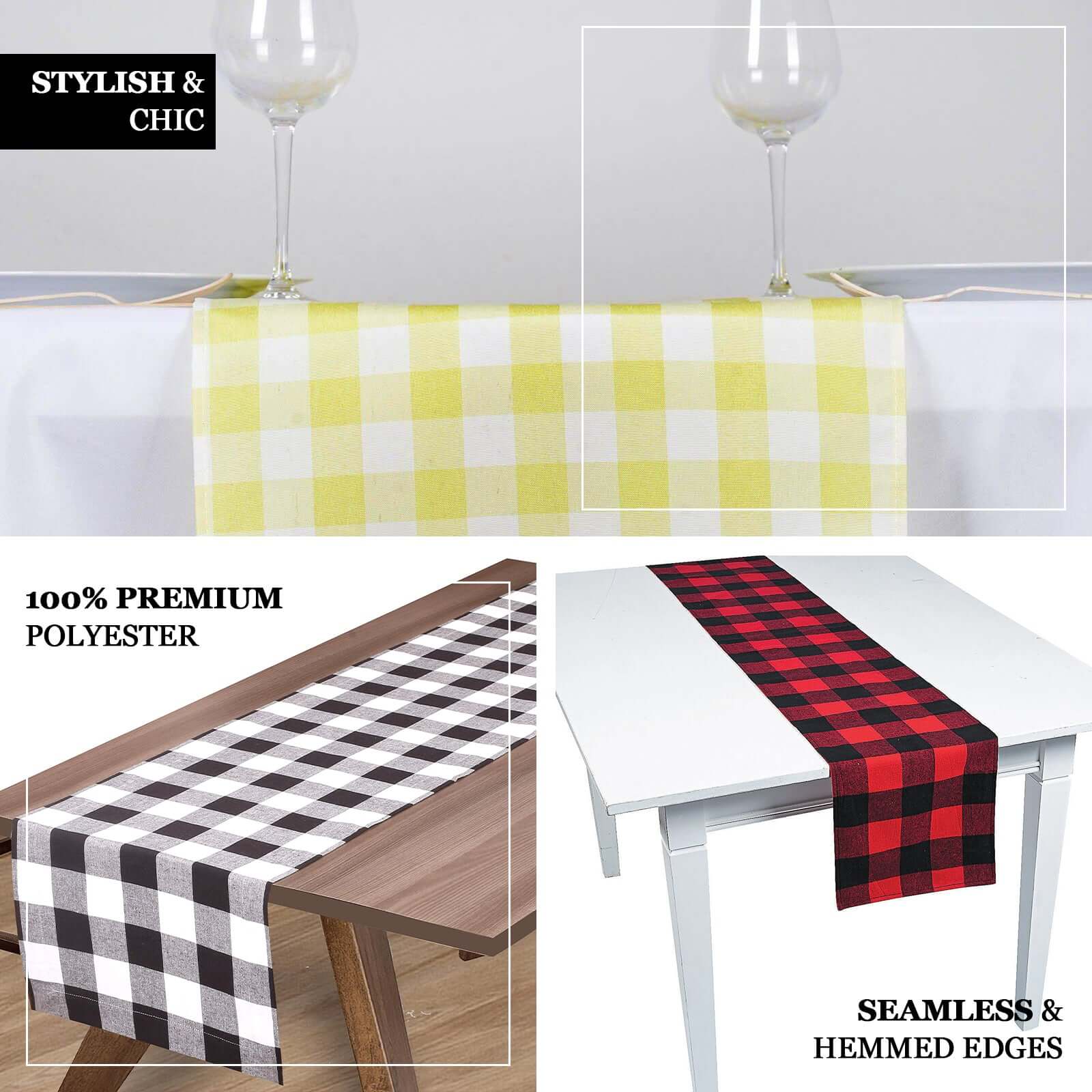 Polyester 14"x108" Table Runner Black/White - Gingham Plaid Design