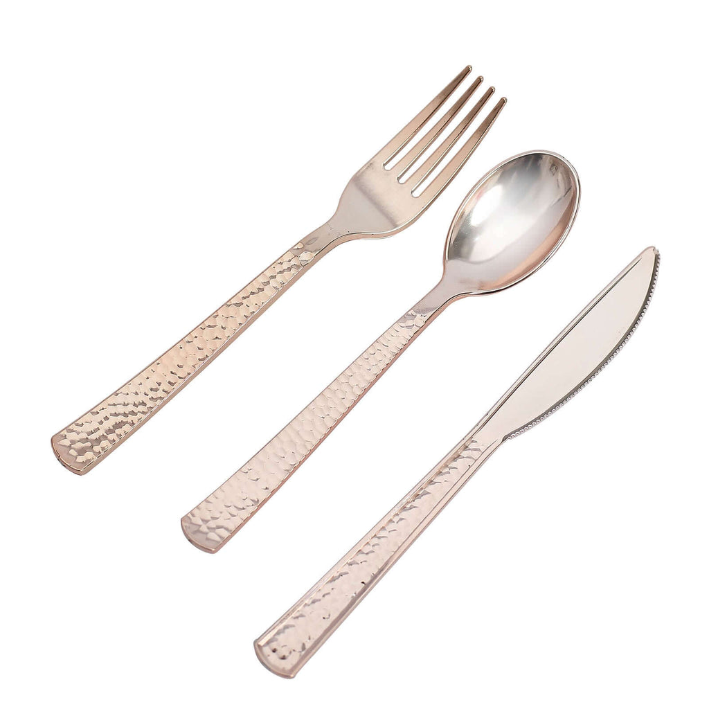 24-Pack Plastic Silverware Set with Hammered Design Rose Gold - Heavy Duty Disposable Utensils 7"