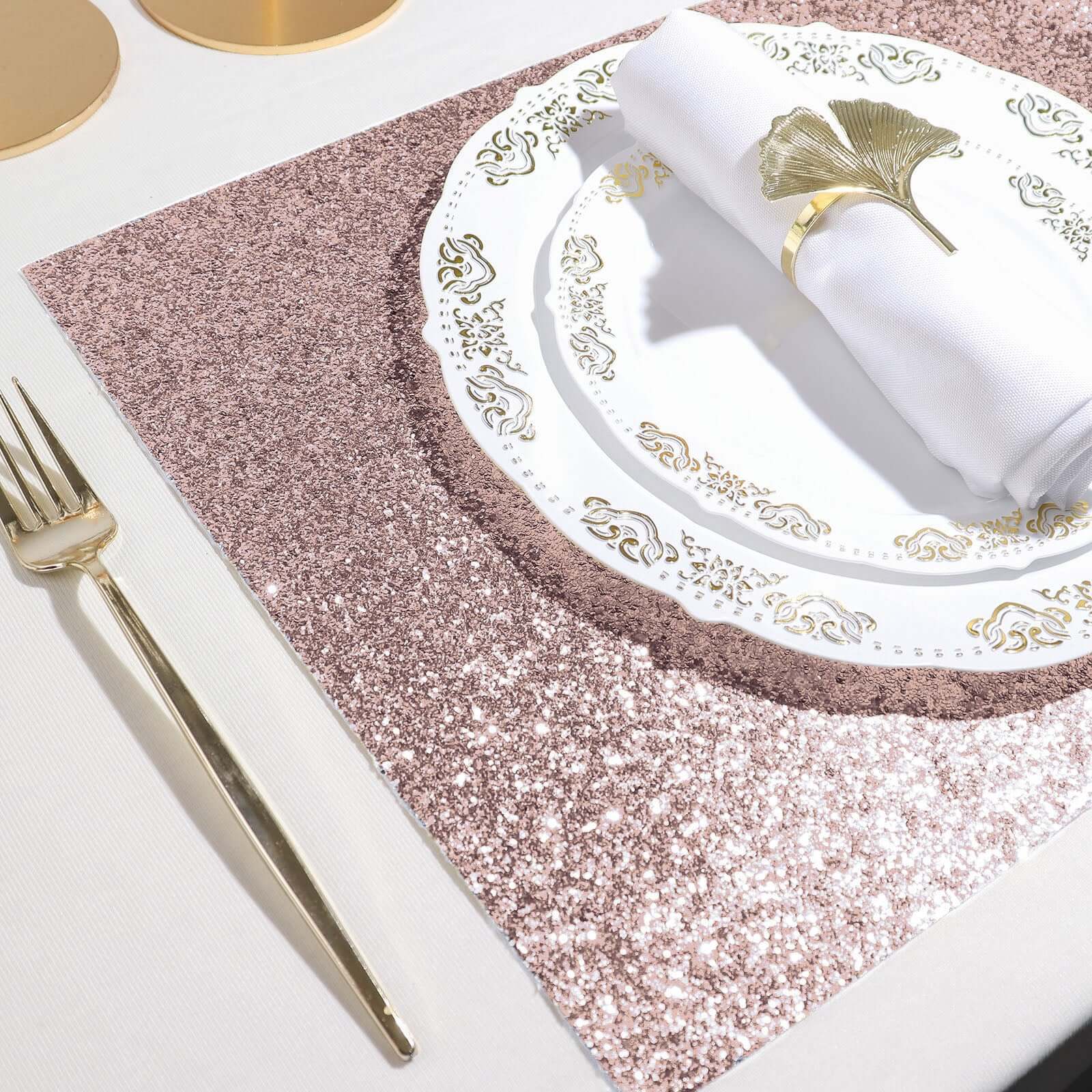 6-Pack Placemats Glitter Design Rose Gold Sparkle Rectangle - Non-Slip Decorative Dining Table Mats 12"x18"