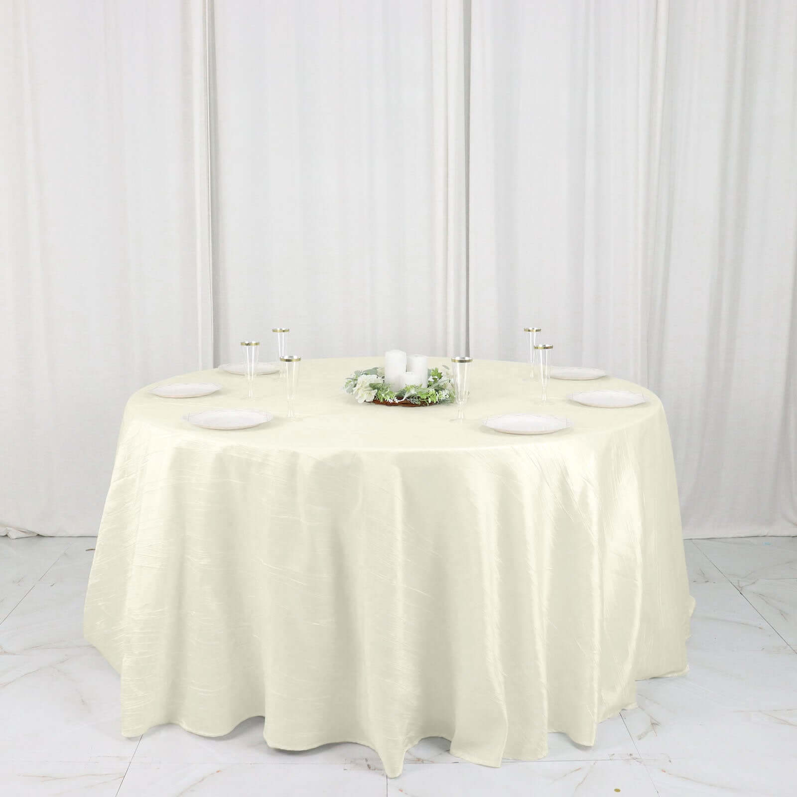 Taffeta 132" Round Tablecloth Ivory - Seamless Accordion Crinkle Table Cover