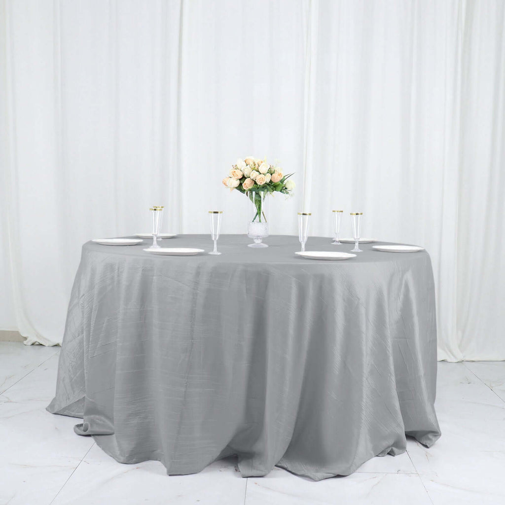Taffeta 132" Round Tablecloth Silver - Seamless Accordion Crinkle Table Cover