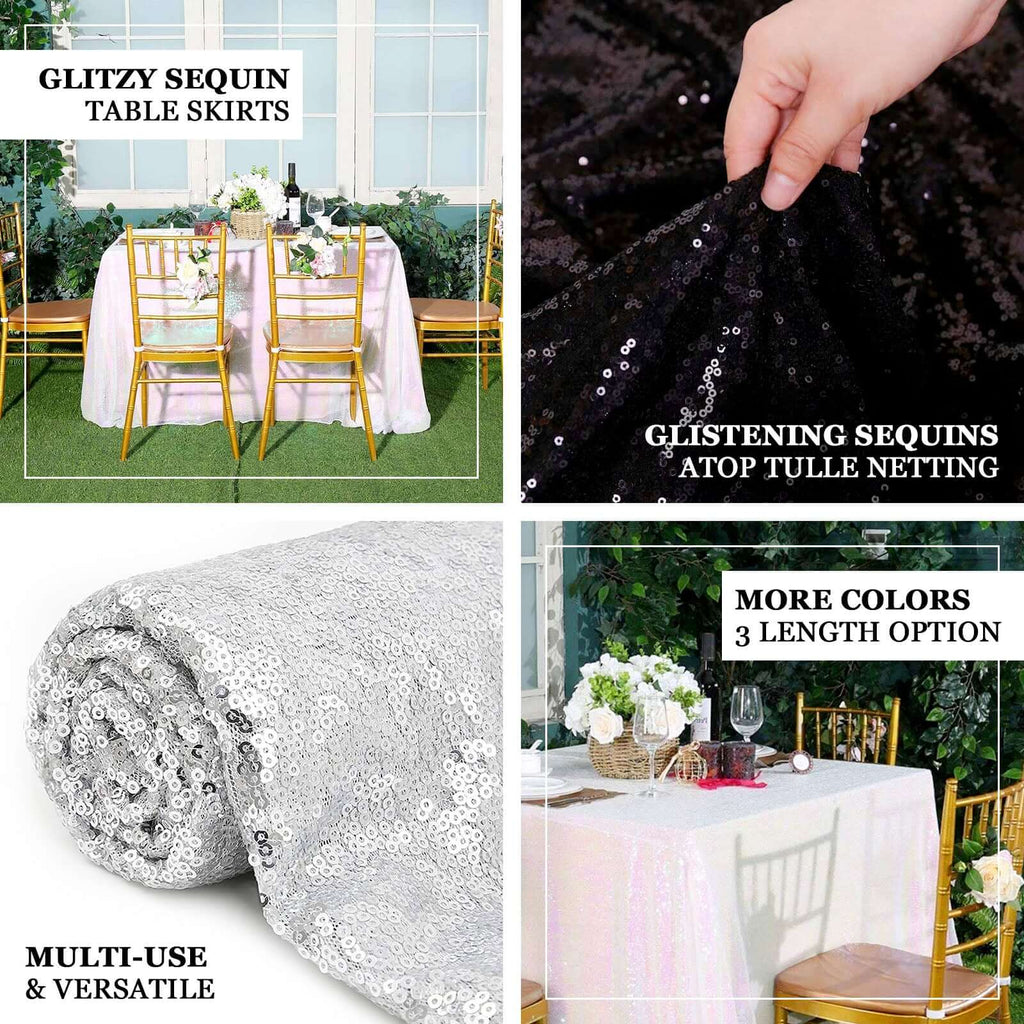 Sequin 17ft Table Skirt White Iridescent - Glitzy Design for Sophisticated Gatherings