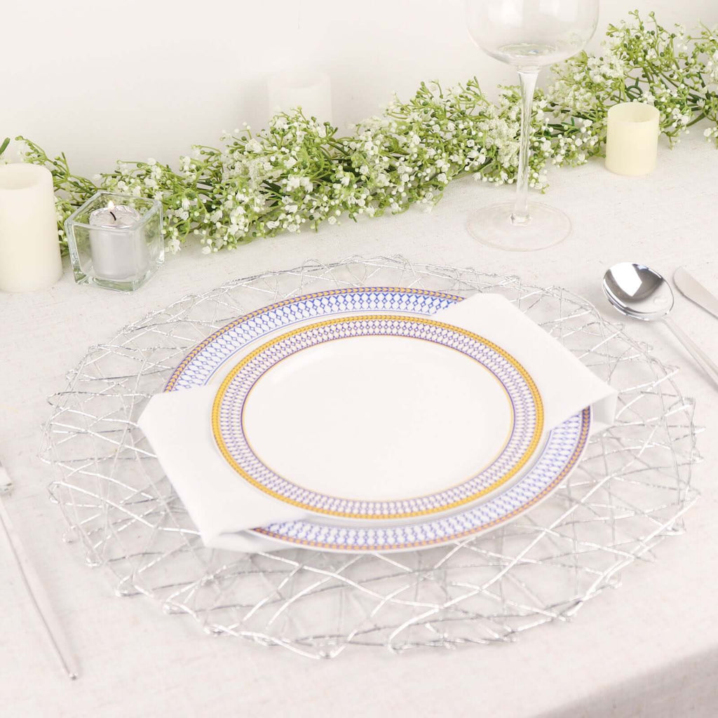 6-Pack Table Placemats Woven Fiber Design Silver Round - Disposable Mats for Dining and Events 15"