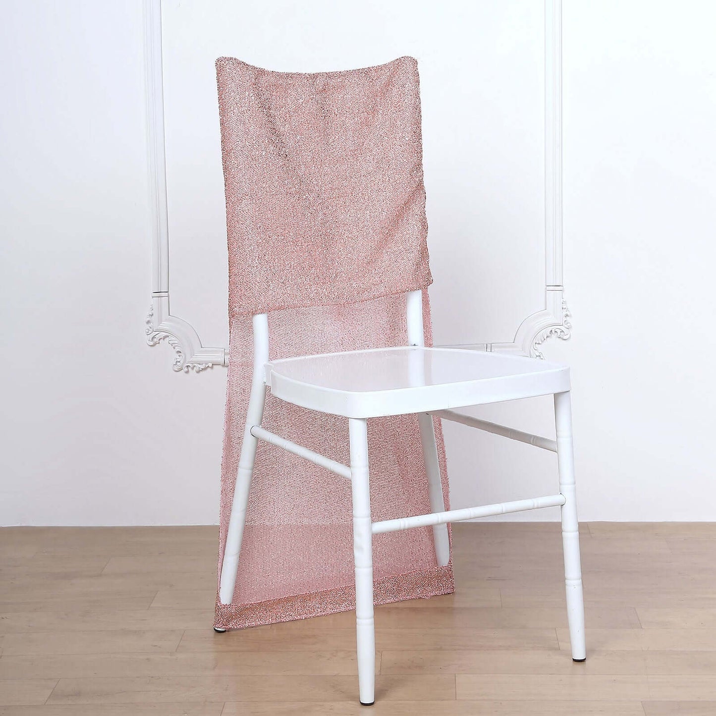 Stretch Spandex Chair Back Slipcover with Metallic Shimmer Tinsel Rose Gold - Durable Chiavari Chair Back Cover