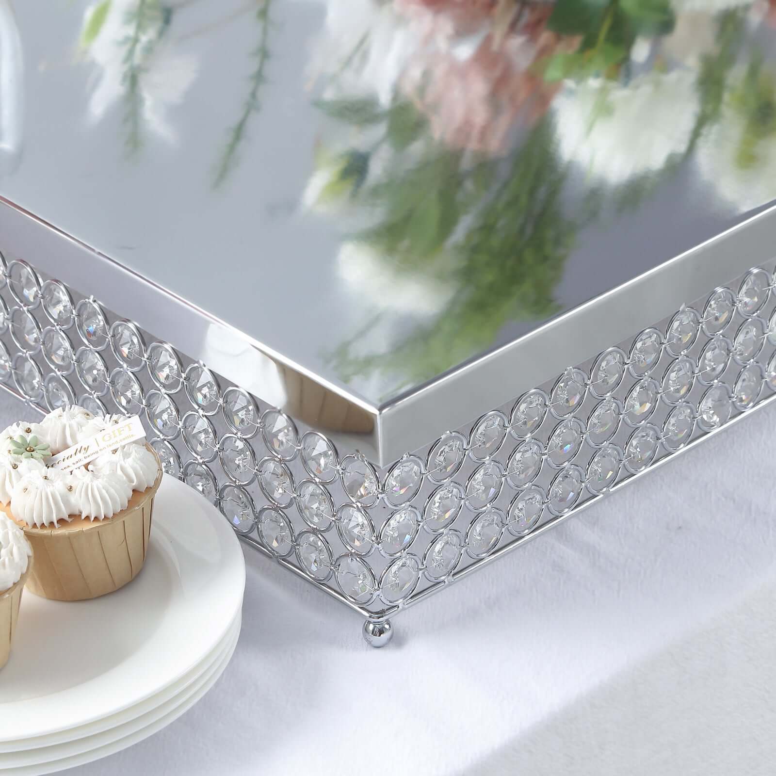 Metal Cake Stand Square Design with Crystal Beads Silver - Dessert Pedestal for Events 16"