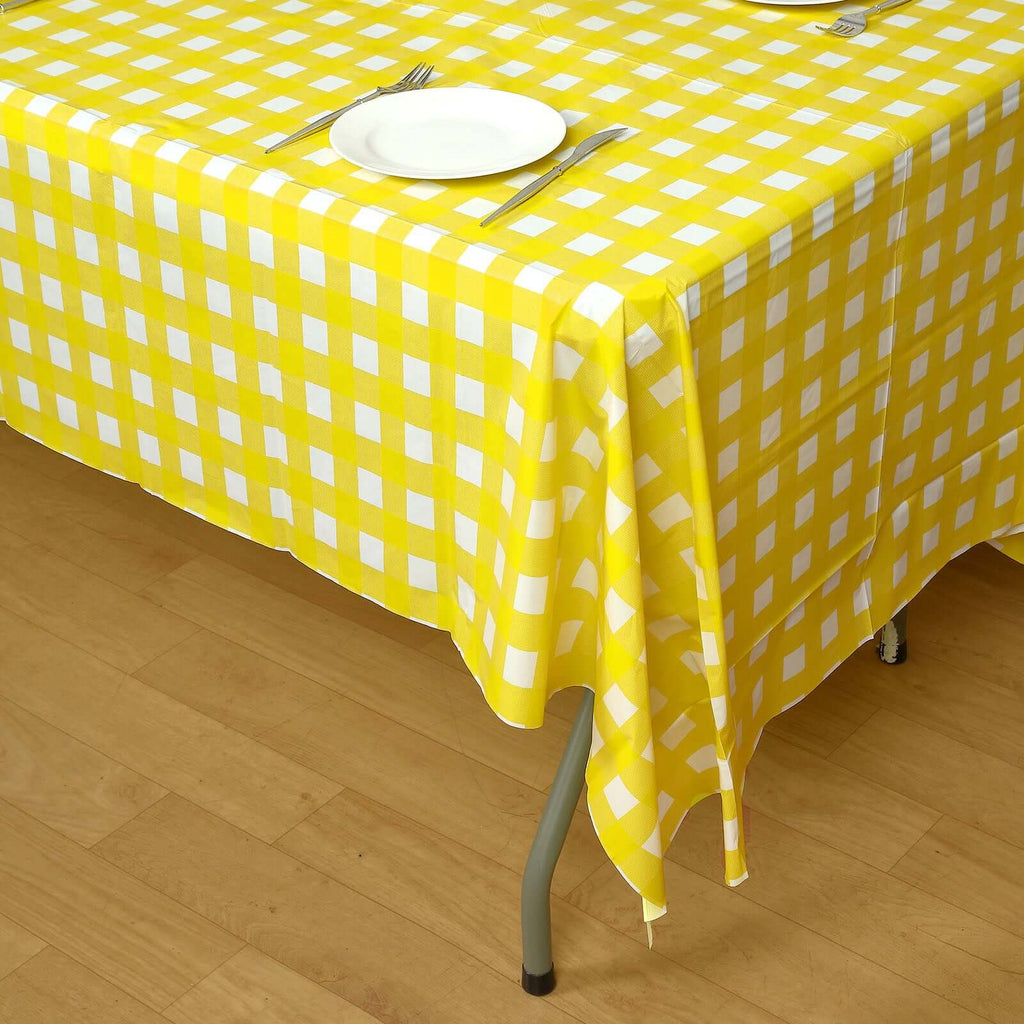 Plastic Table Cover White/Yellow Checkered Rectangle - Lightweight PVC Disposable Tablecloth 54"x108"