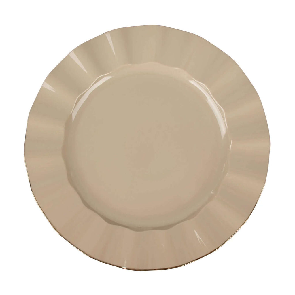 10-Pack Plastic 9" Round Dinner Plates in Taupe Ruffled Rim with Gold Edging - Sturdy Disposable Dinnerware