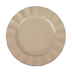 10-Pack Plastic 9" Round Dinner Plates in Taupe Ruffled Rim with Gold Edging - Sturdy Disposable Dinnerware