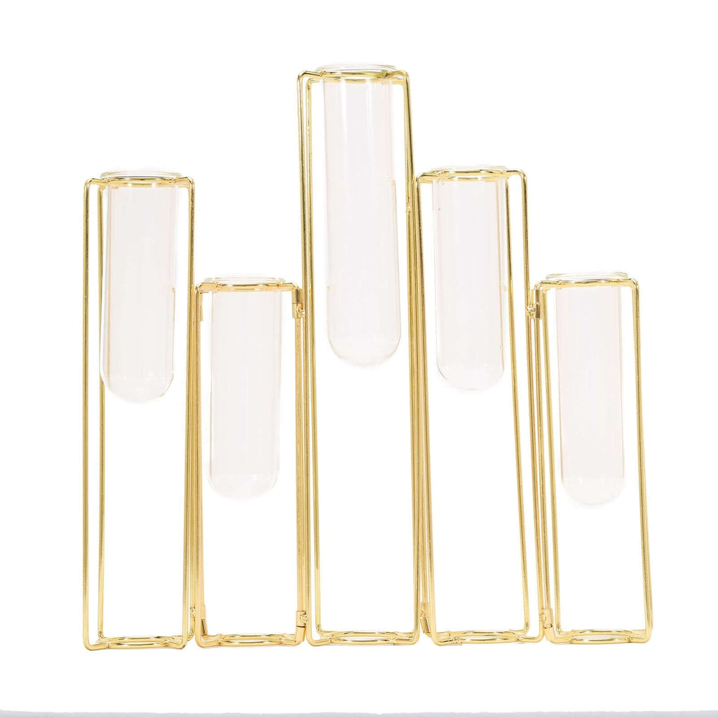Set of 5 Wedding Centerpieces Gold Frame Conjoined Geometric Design - Test Tube Hydroponic Vases 12"