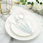 24-Pack Plastic Flatware Set in Silver with Light Blue Handle - Heavy Duty Disposable Modern Silverware 8"