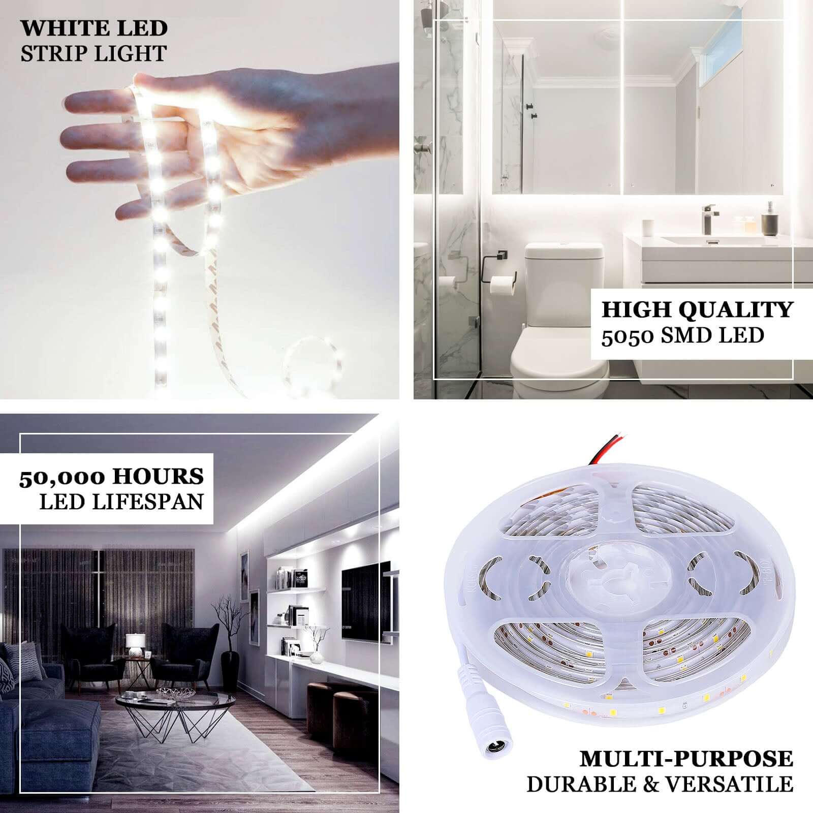 16ft Super Bright Cool White 300 LED Flexible Strip Lights With Adhesive