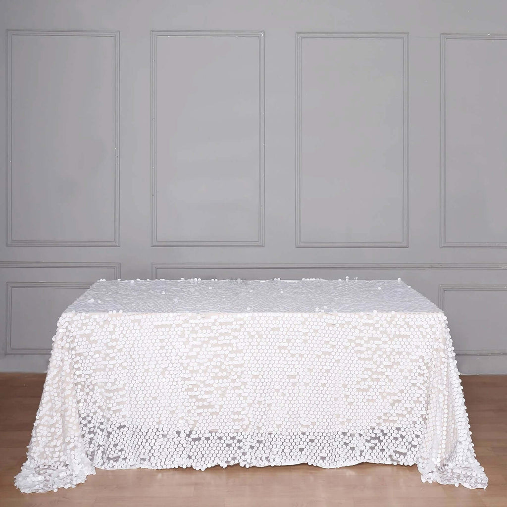 Sequin 90"x132" Rectangle Tablecloth White - Seamless Big Payette Design for Sophisticated Occasions