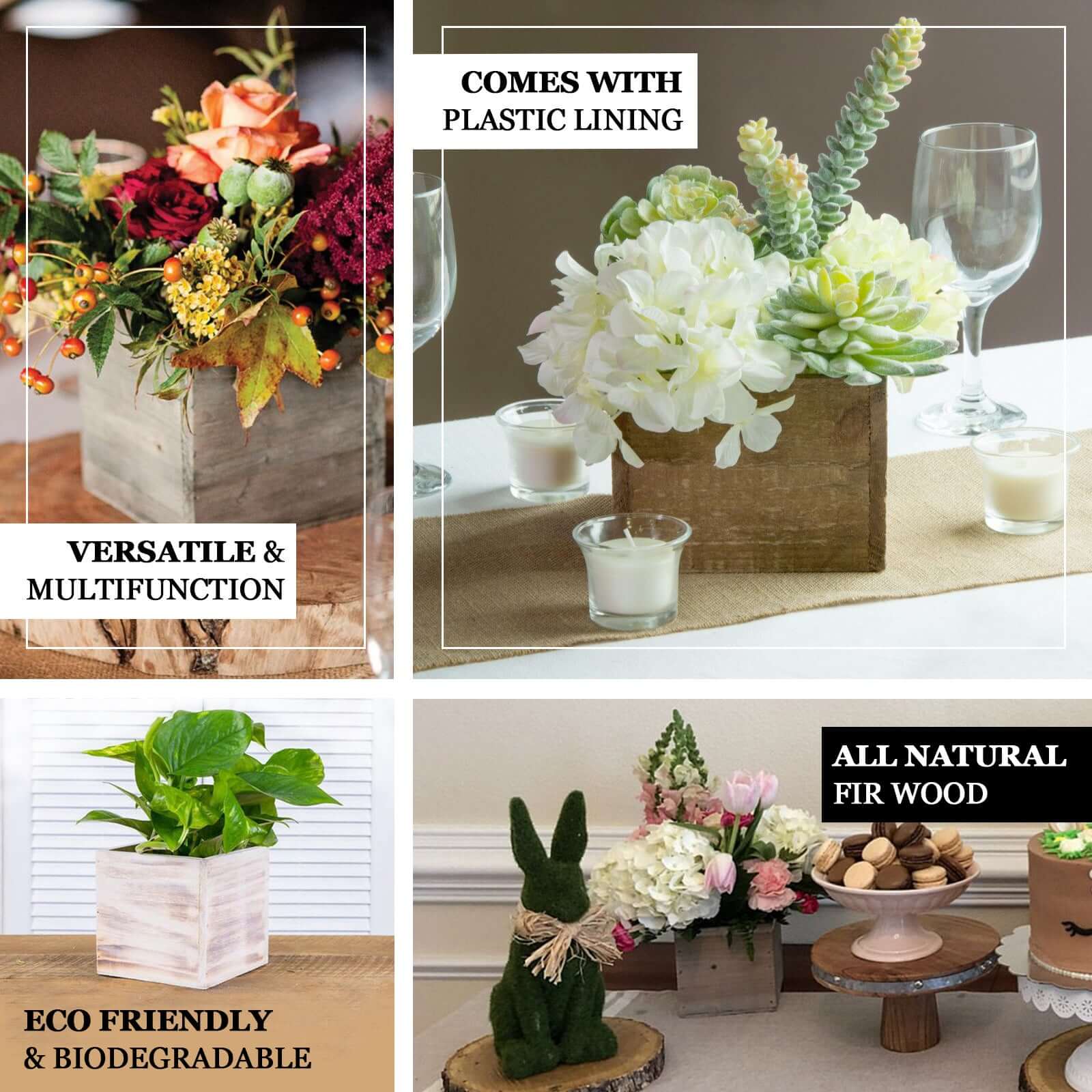 2 Pack 6" Whitewash Square Wood Planter Box Set With Removable Plastic Liners