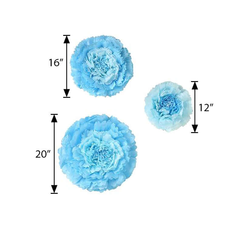 Set of 6 Aqua Blue Giant Carnation 3D Paper Flowers Wall Decor - 12",16",20"
